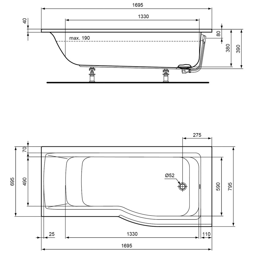 {Badewanne standard
83} Ideal Standard Connect Air Raumspar-Badewanne 170 x 80 cm Version ... | {Badewanne standard
83}